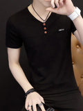 Solid V-Neck Single Breasted Decoration Men T-Shirts
