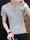 Solid V-Neck Single Breasted Decoration Men T-Shirts