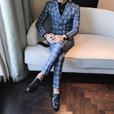 Chic Plaid Double-Breasted Lapel Long Sleeve Man Suits
