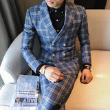 Chic Plaid Double-Breasted Lapel Long Sleeve Man Suits