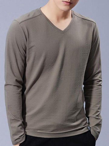 Solid V Neck Long Sleeve Men T-Shirts