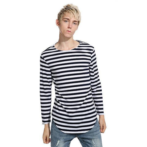 Fashion Stripe Asymmetrical Crew Neck Men Tee