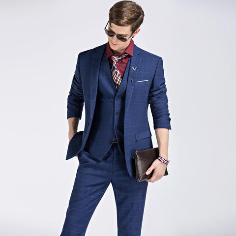 Solid Plaid Long Sleeve Long Pant 3Pcs Suit