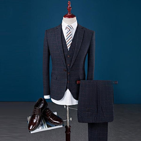Plaid Fitted Single Breasted Long Pant 3Pcs Suit