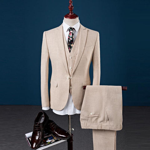 Plaid One Button Linen Beige 3Pcs Men Suit