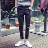 Fashion Hole Mid Waist Fitted Black Men Jeans