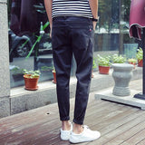 Fashion Hole Mid Waist Fitted Black Men Jeans