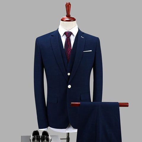 Solid Fitted One Button Deep Blue Suit