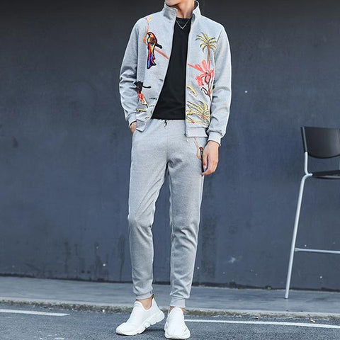 Fashion Printed Cardigan Lapel Long Pant Men Suit