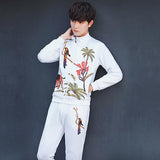 Fashion Printed Cardigan Lapel Long Pant Men Suit
