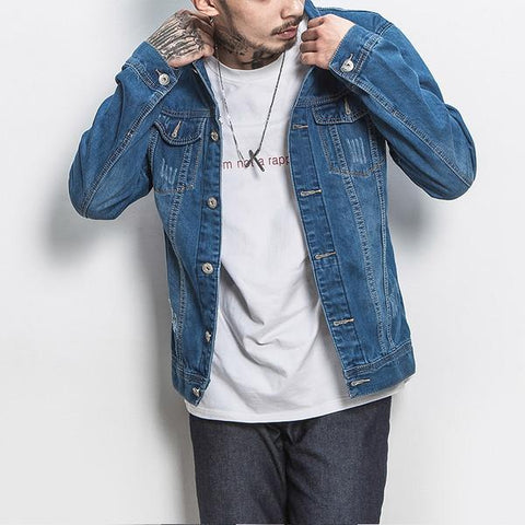 Lapel Chest Pocket Short Denim Jacket For Man