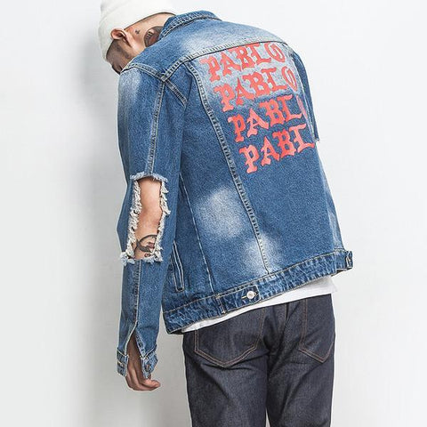 Hot Selling Letter Printed Hole Gradient Denim Jacket